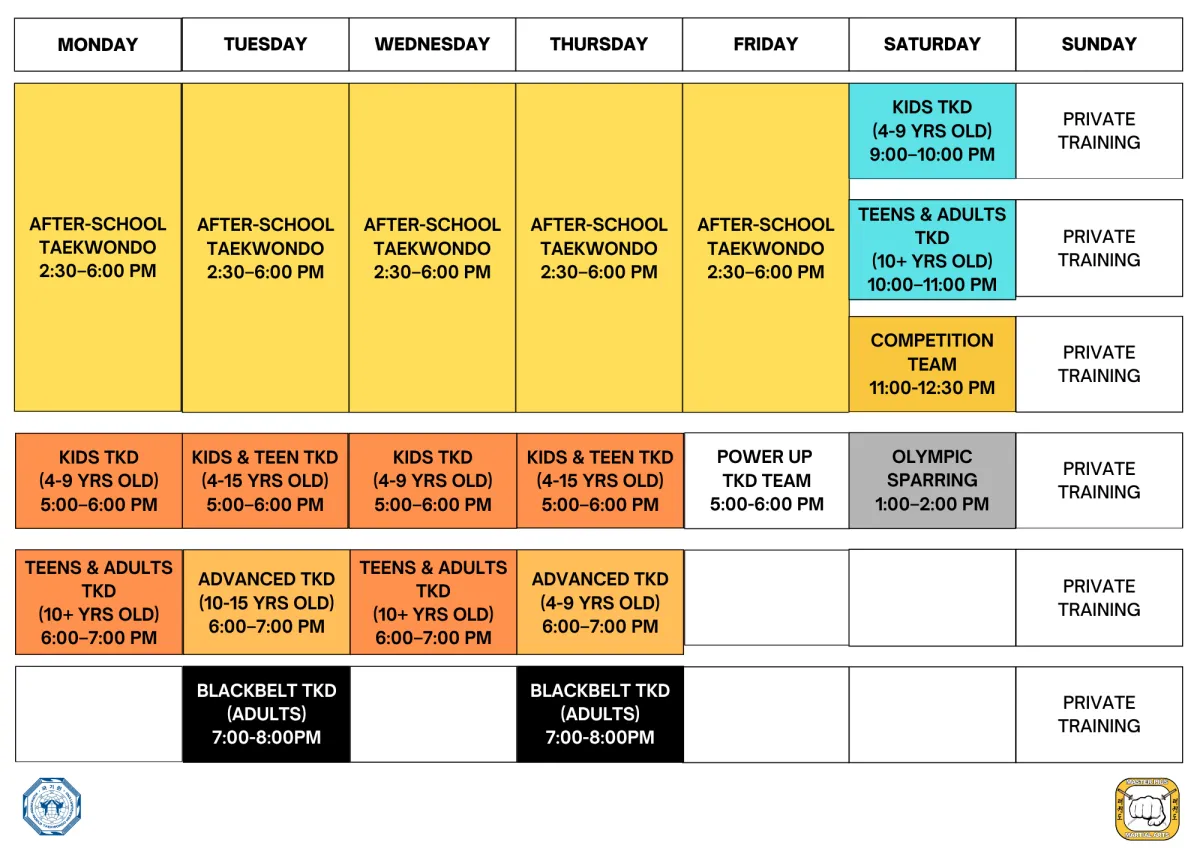 Schedule of the sandy springs location Master Pius Martial Arts Taekwondo 