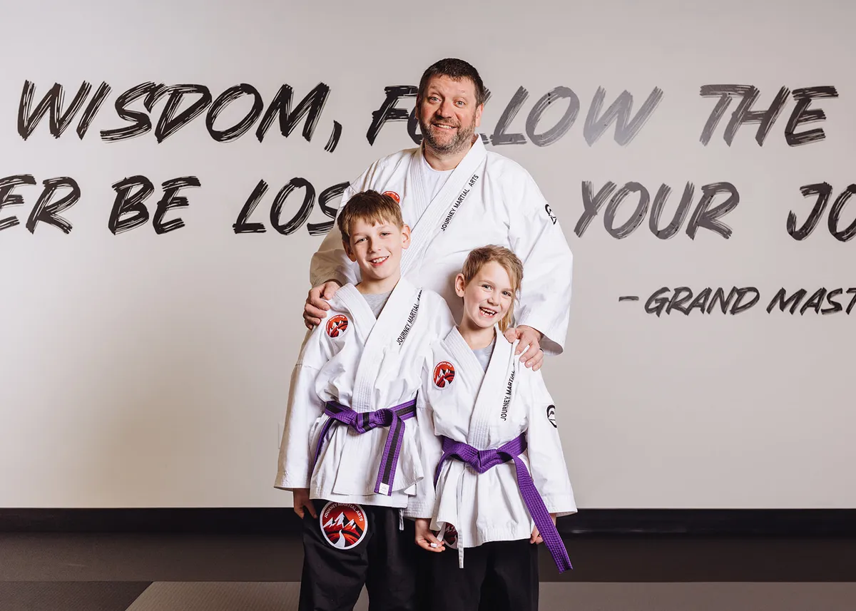 Martial arts instructor guiding young students