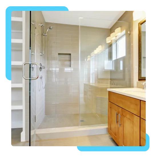 Frameless shower doors in Pasadena with clear glass and neat fit 
