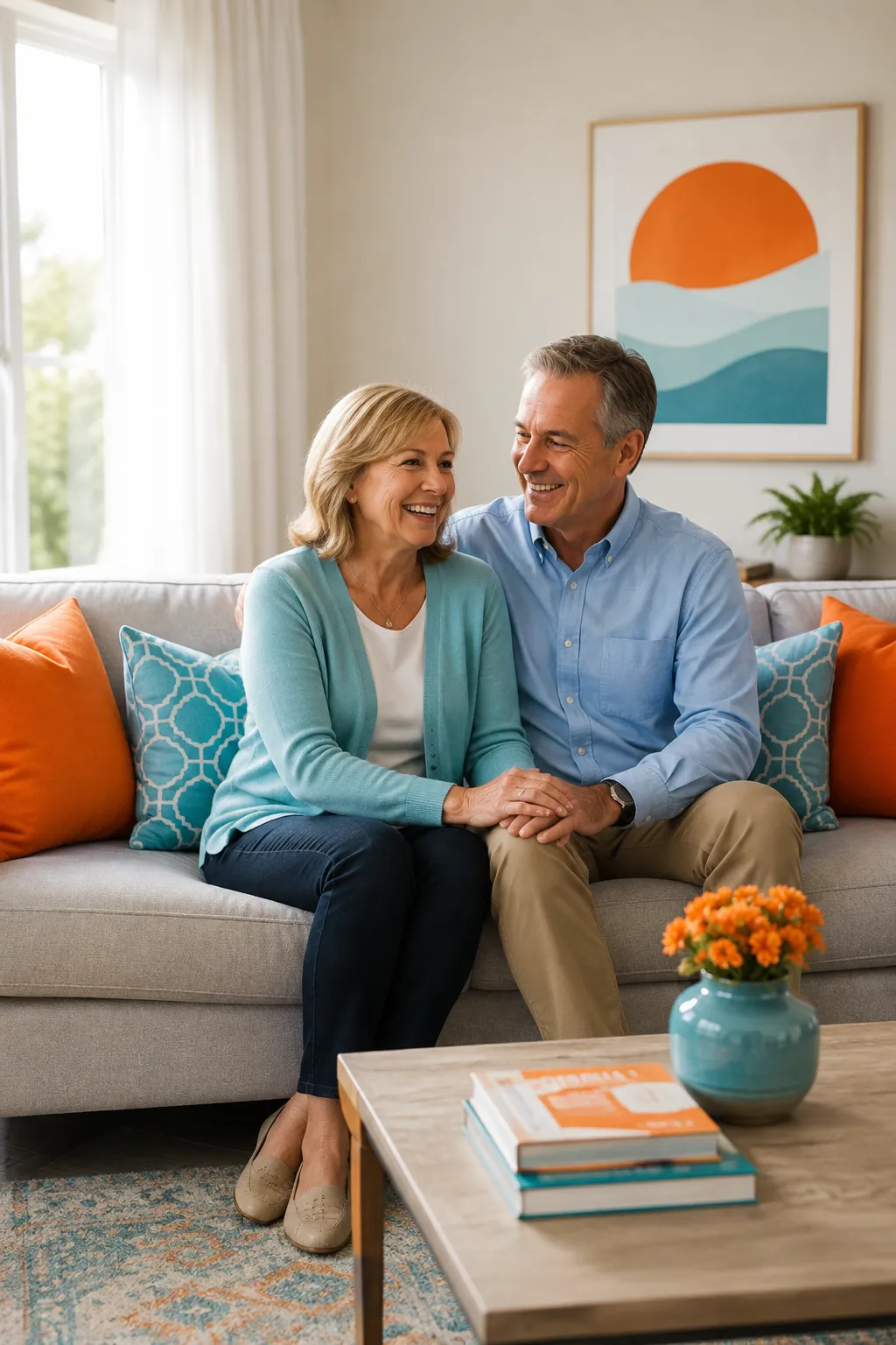 Relatable couple in their 60s in a bright modern home looking at Medicare options