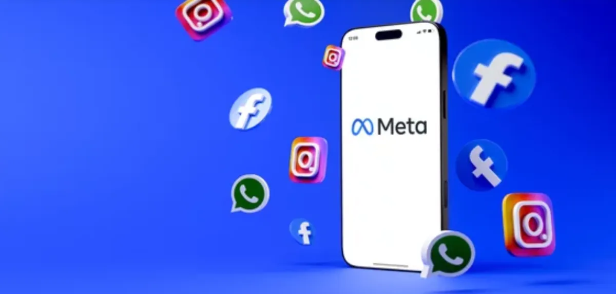 Smartphone with Meta logo surrounded by Facebook, Instagram, and WhatsApp icons on a blue background.