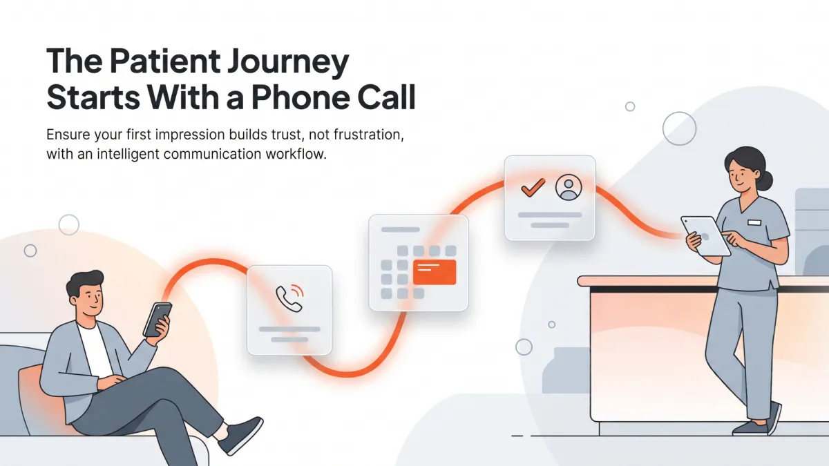 An illustration titled 'The Patient Journey Starts With a Phone Call' showing a connected workflow line linking a patient on a smartphone to a medical receptionist on a tablet, passing through icons for a phone call, appointment scheduling, and patient verification