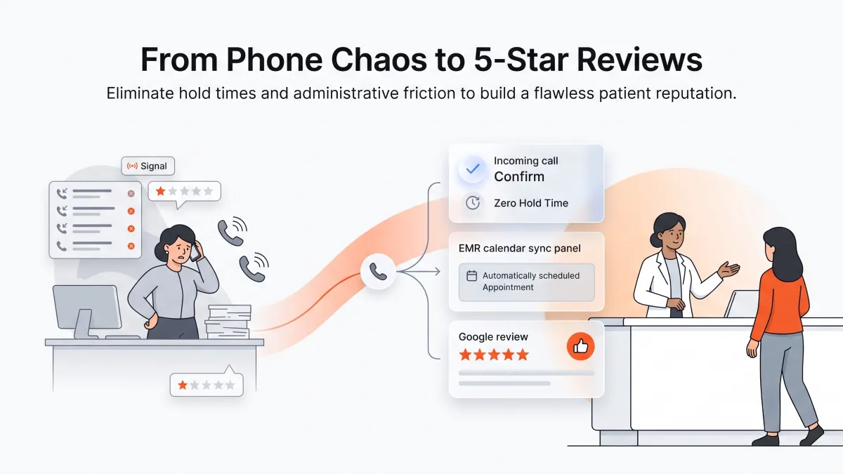 Illustration showing the transition from medical front desk phone chaos with low reviews to streamlined AI automation featuring zero hold times, EMR calendar syncing, and 5-star Google reviews.