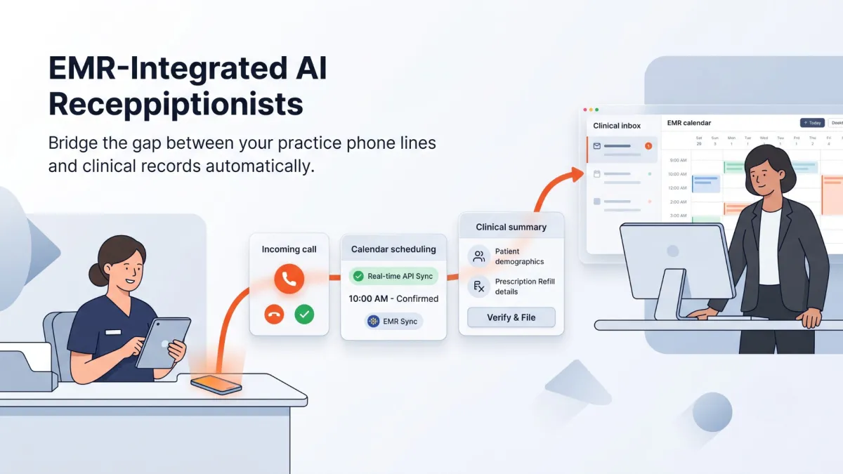 An EMR-integrated AI receptionist workflow illustration for independent medical practices, showing automated sync between phone lines, patient calendar scheduling, and clinical chart records.