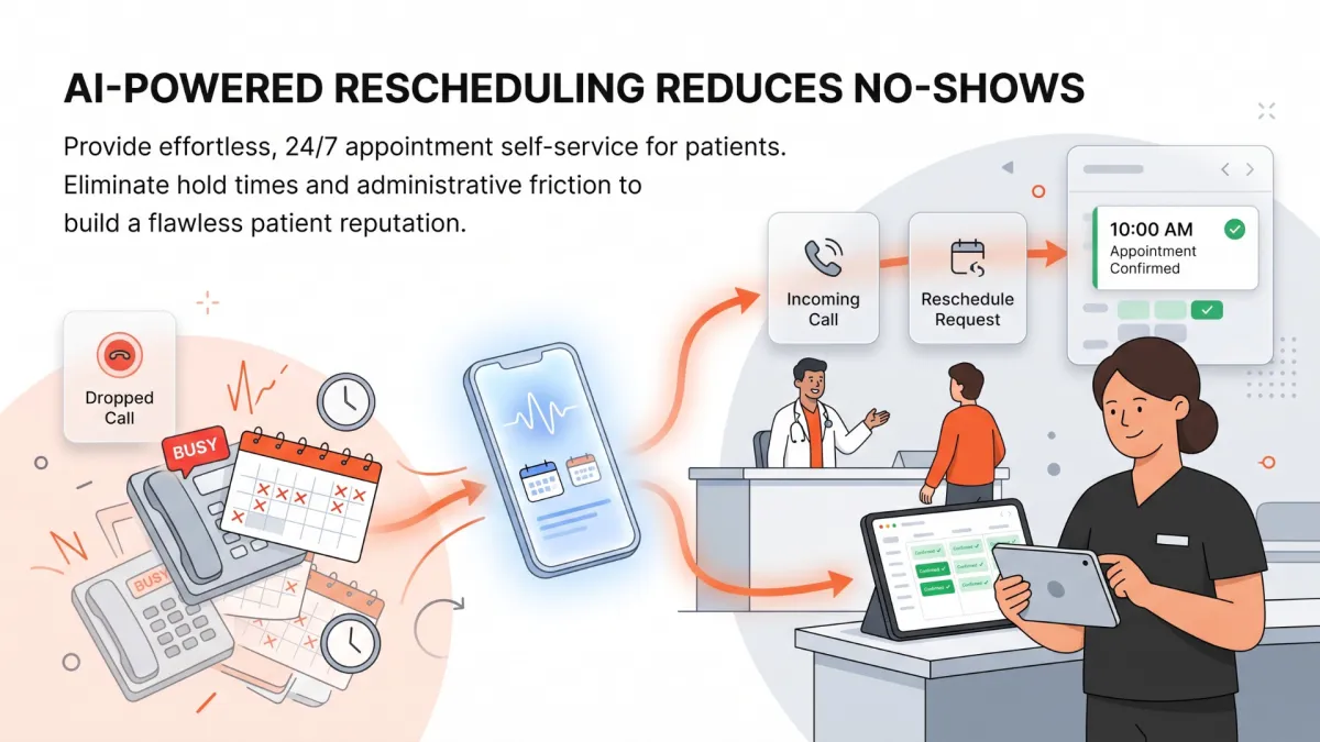 Diagram showing how an AI receptionist reduces appointment no-shows and dropped calls through automated 24/7 patient scheduling.