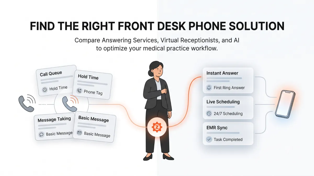 Comparison diagram showing front desk phone solutions for medical practices: traditional answering services with call queues and basic messages versus AI receptionist features like instant answer, 24/7 live scheduling, and EMR sync.