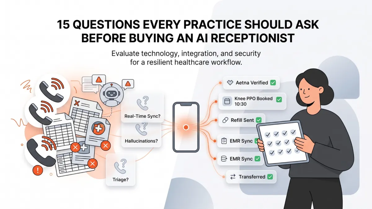 Graphic titled "15 Questions Every Practice Should Ask Before Buying an AI Receptionist" illustrating medical practice workflow integration, EMR sync, and automated patient scheduling.
