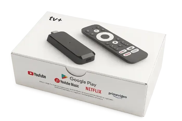 Caja blanca de TV Stick Android de FlixTV con dispositivo, control remoto y logos de YouTube, Netflix, Prime Video.