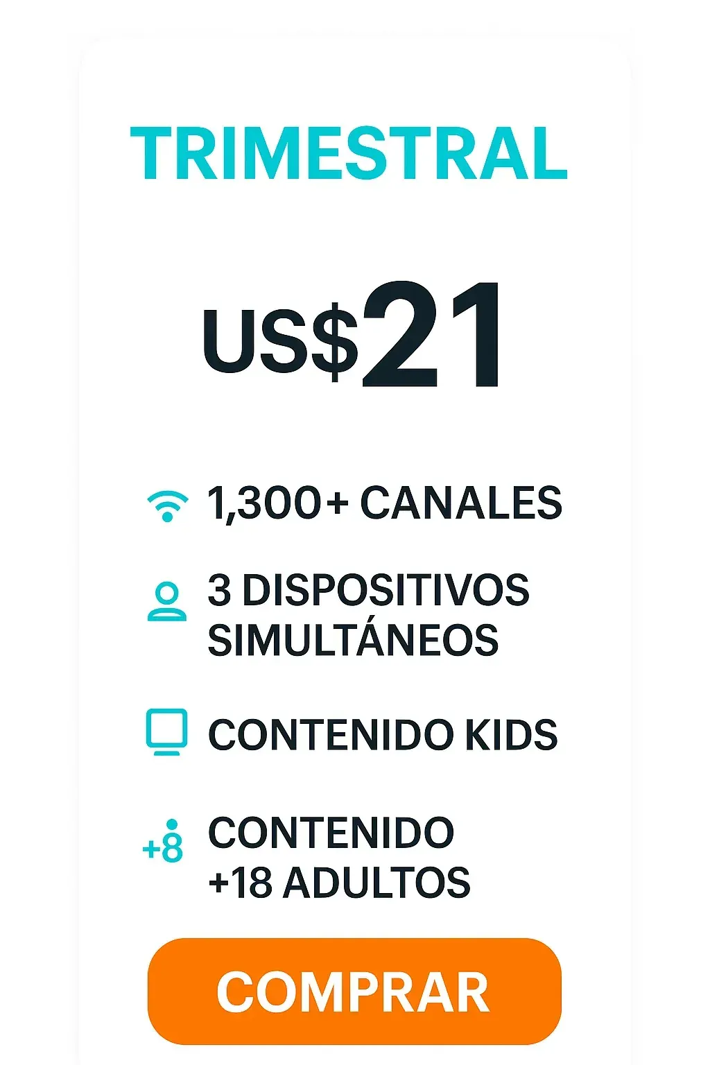 Infografía o tabla comparativa que muestra las características del plan de suscripción trimestral de MagisTV Pro, incluyendo número de pantallas, calidad de video (HD/4K), contenido disponible y compatibilidad de dispositivos