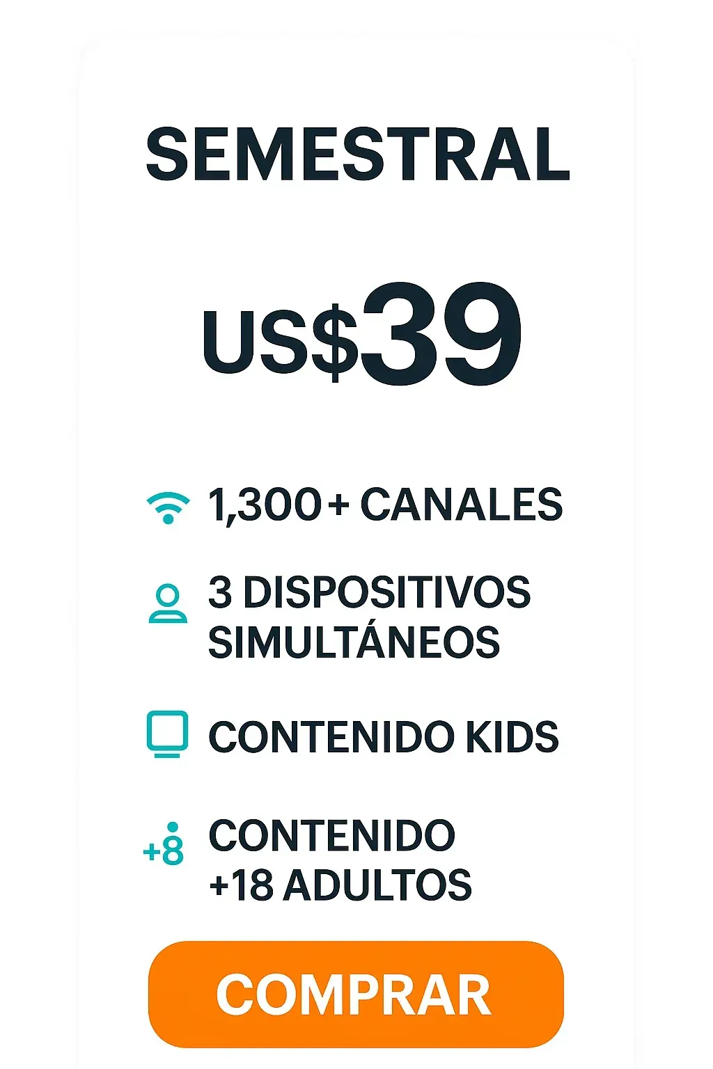 Infografía o tabla comparativa que muestra las características del plan de suscripción semestral de MagisTV Pro, incluyendo número de pantallas, calidad de video (HD/4K), contenido disponible y compatibilidad de dispositivos