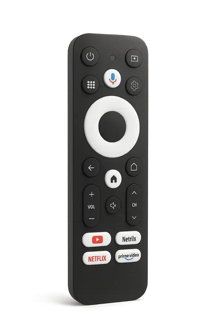 Control remoto de FlixTV Android TV Stick con reconocimiento de voz y botones de acceso directo a apps de streaming