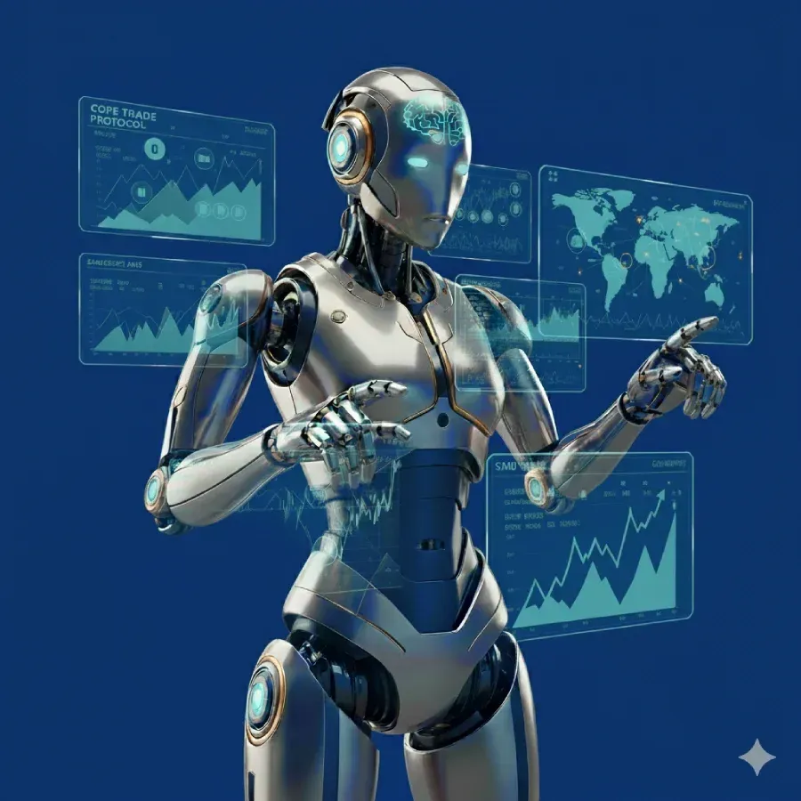 Ilustración de robot profesional para copy trading, analizando gráficos financieros en interfaces holográficas