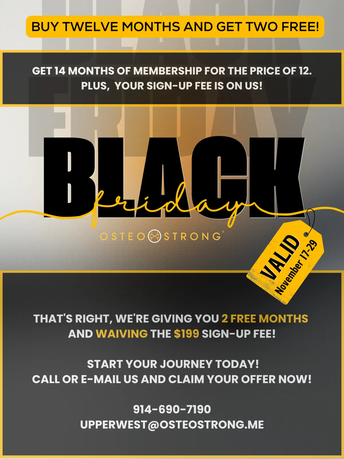 OsteoStrong Black Friday 14-month membership offer - buy 12 get 2 free plus waived sign-up fee