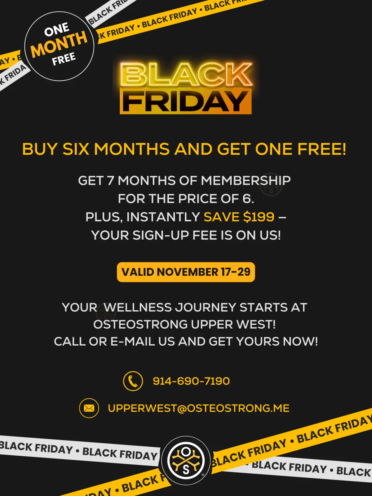 OsteoStrong Black Friday 7-month offer - buy 6 get 1 free plus $199 sign-up fee waived