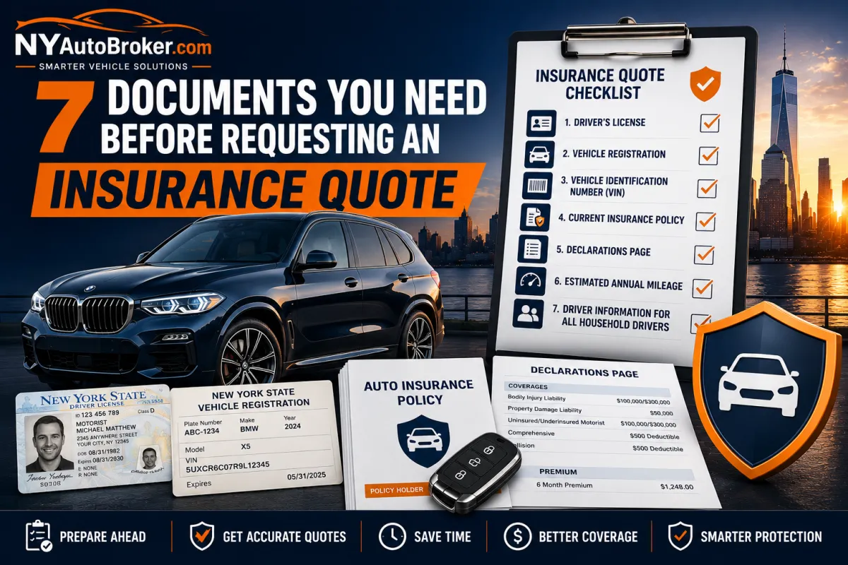 7 Documents You Need Before Requesting an Insurance Quote featuring insurance paperwork, driver's license, vehicle registration, policy review, and insurance preparation guidance for New York drivers.