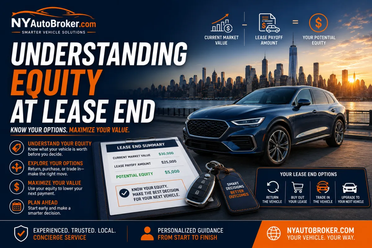 Understanding Equity at Lease End featuring lease payoff, vehicle market value, positive equity, lease buyout options, and lease-end guidance for New York drivers.