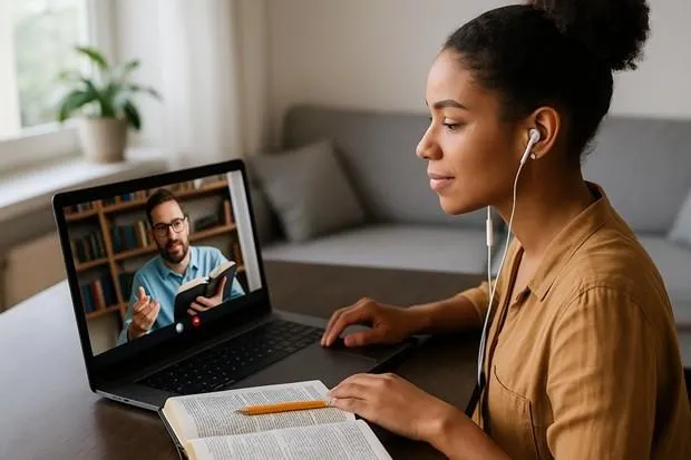 person in red shirt wearing black and gray headphones