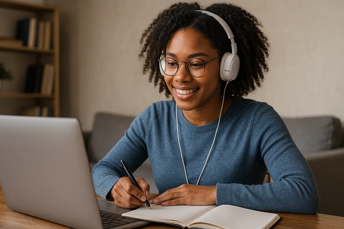 person in red shirt wearing black and gray headphones