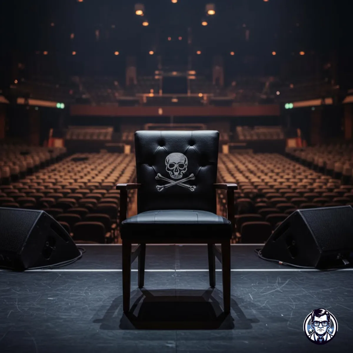 Leather chair with skull and crossbones, on stage with an empty arena in the background