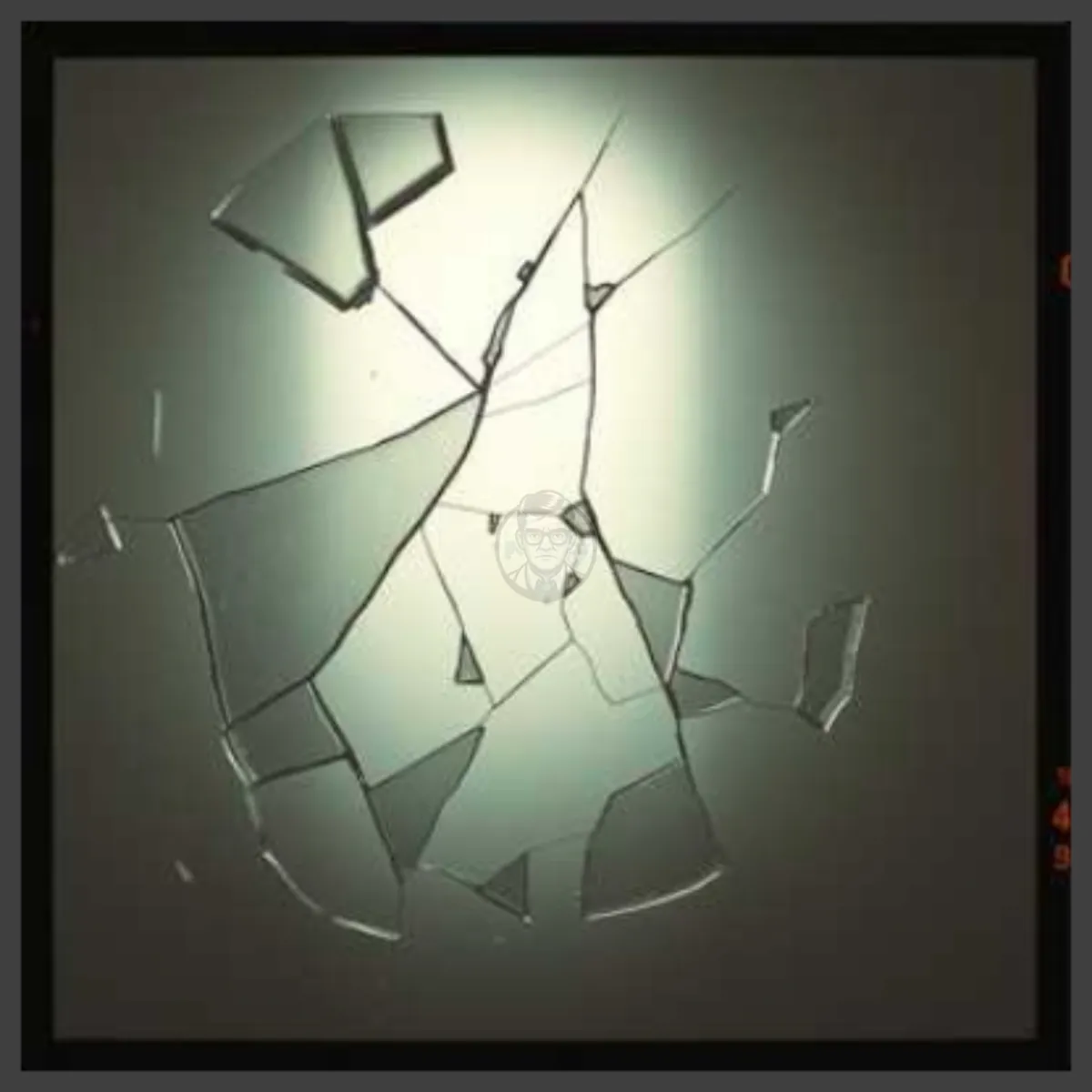 An image of a shattered glass surface with cracks radiating from the center, where a faint logo or watermark is visible. The background is dark, and the glass fragments create a fragmented, abstract effect.