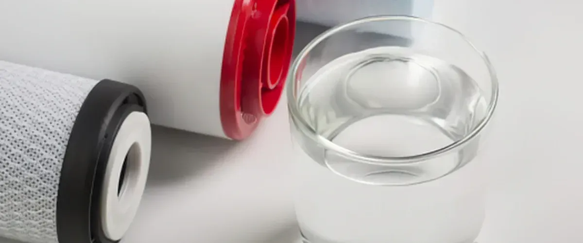 A close-up view of two white and black water filter cartridges next to a clear glass of water.