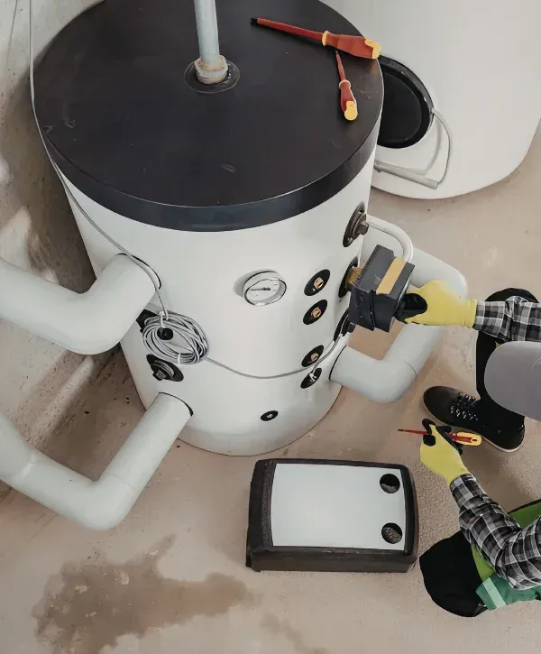 A technician in yellow gloves is servicing a white hot water heater with black screw tops and a pressure gauge.