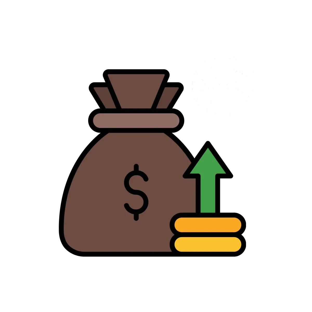 A brown money bag with a dollar sign, an upward green arrow on coins, and a worried emoji indicating financial stress.