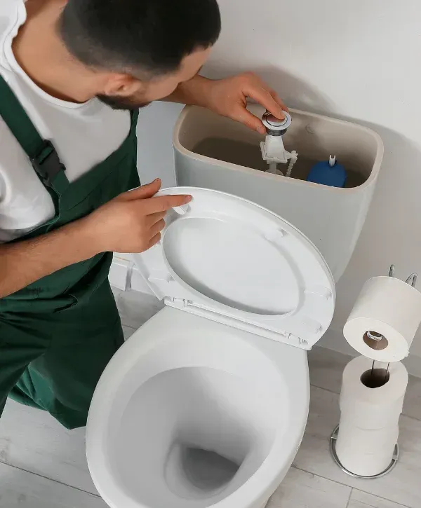 A male plumber in blue overalls inspects and repairs a toilet in a home bathroom with tools scattered around.