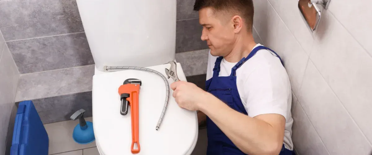 A man in green overalls inspecting and adjusting the flush mechanism inside a toilet tank.