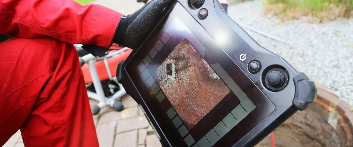 A person in red workwear holding a monitor displaying an image of a corroded pipe interior.