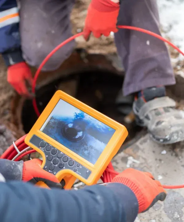 A close-up view of a sewer inspection camera display showing the inside of a pipe while a worker feeds the cable.