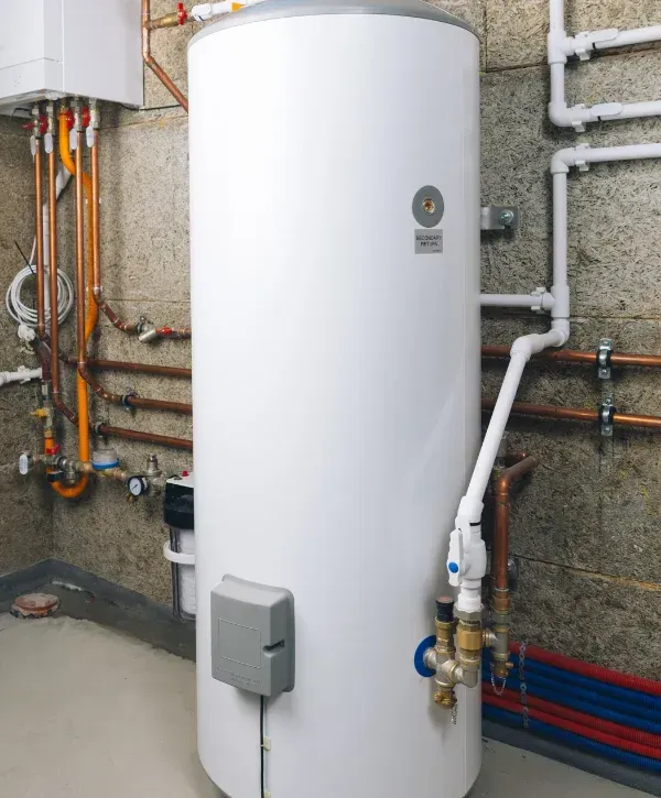 A tall, white water heating tank with various copper and white PVC pipes connected to it in a utility room.