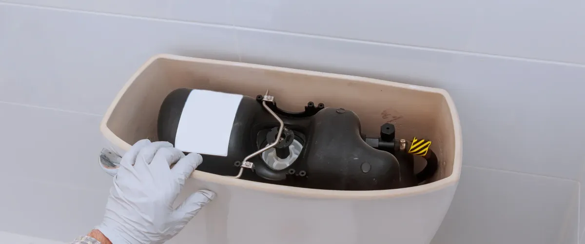A close-up view of a person's hand using pliers to adjust the fill valve inside a toilet tank.