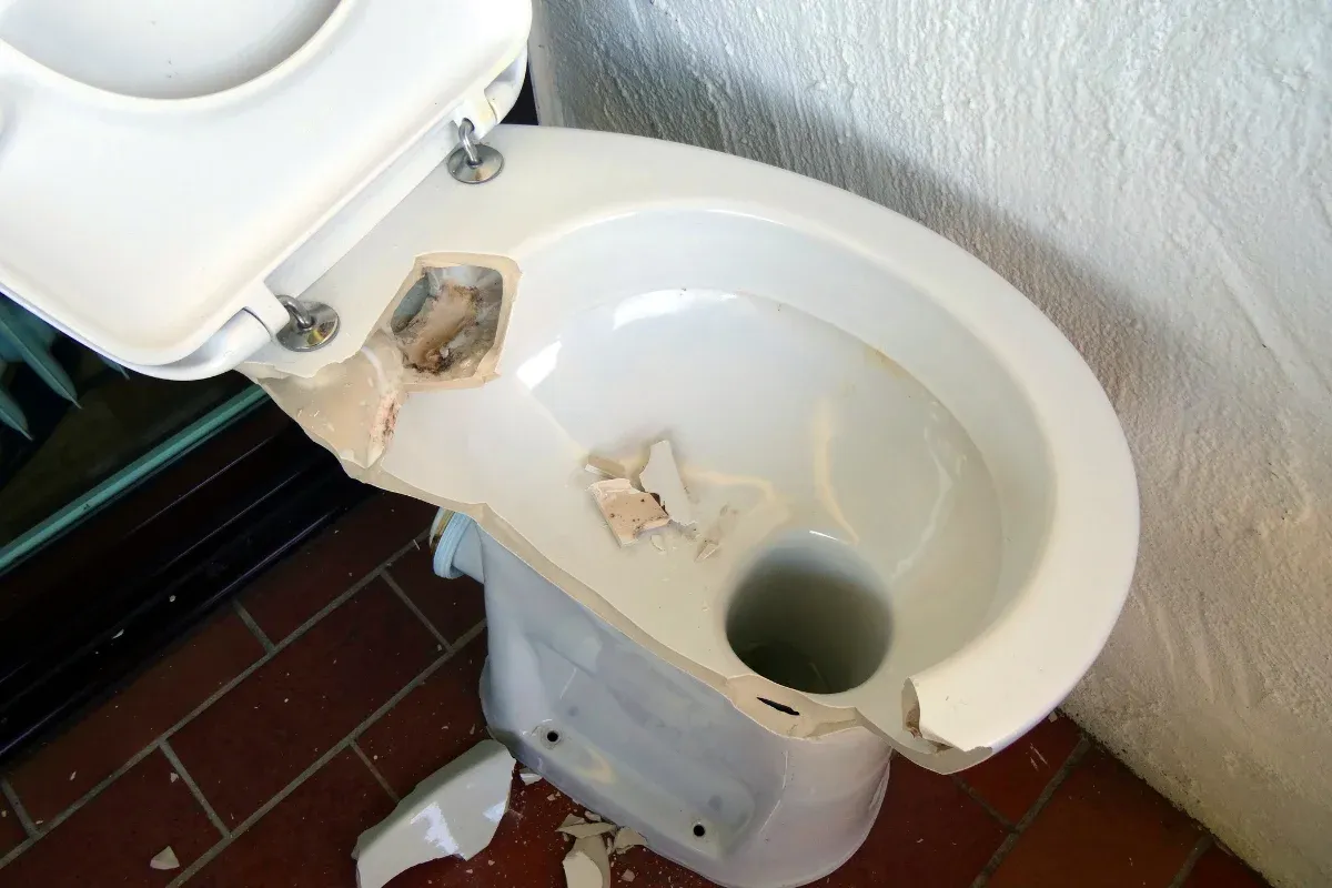 A white ceramic toilet bowl severely broken and shattered, with large pieces missing and debris inside.