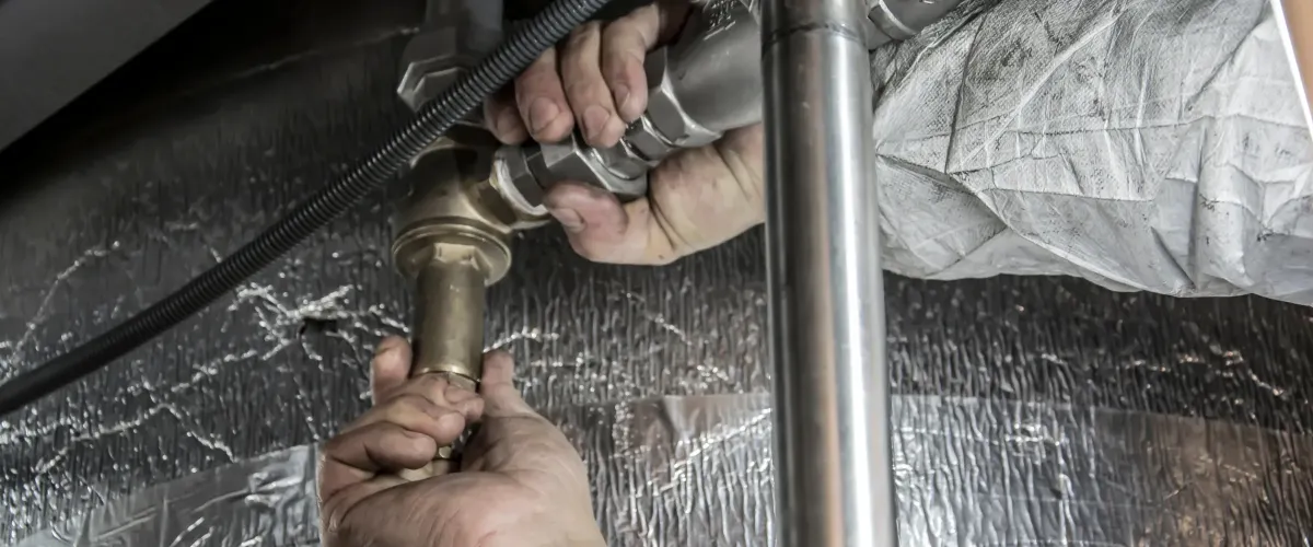 Close-up of dirty hands connecting brass and silver metal pipes against a textured, reflective wall.