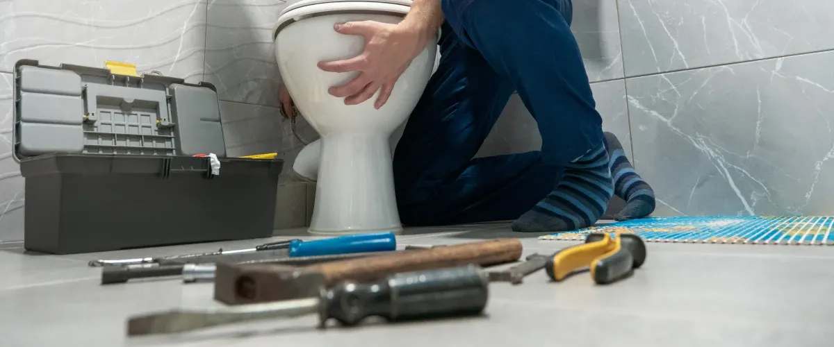 A person kneeling to fix a toilet with hands on the bowl, surrounded by tools and an open toolbox on a tiled floor.
