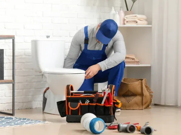 A plumber in blue overalls fixing a toilet in a modern bathroom, with a toolbox and pipes on the floor.