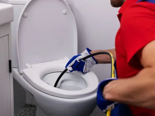 A gloved plumber in a red shirt uses a drain snake to clear a white toilet in a bathroom.