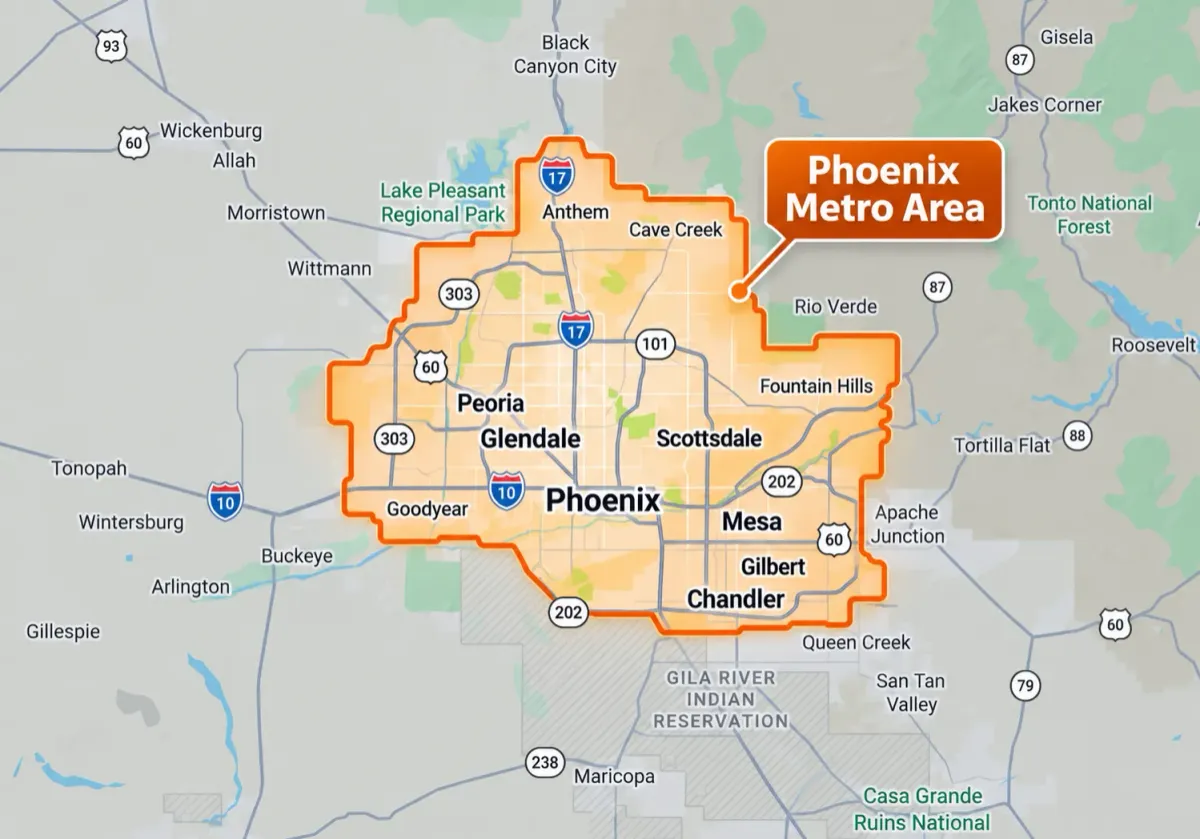 A detailed map highlighting the Phoenix Metro Area in Arizona, showing cities like Phoenix, Mesa, Scottsdale, and major highways.