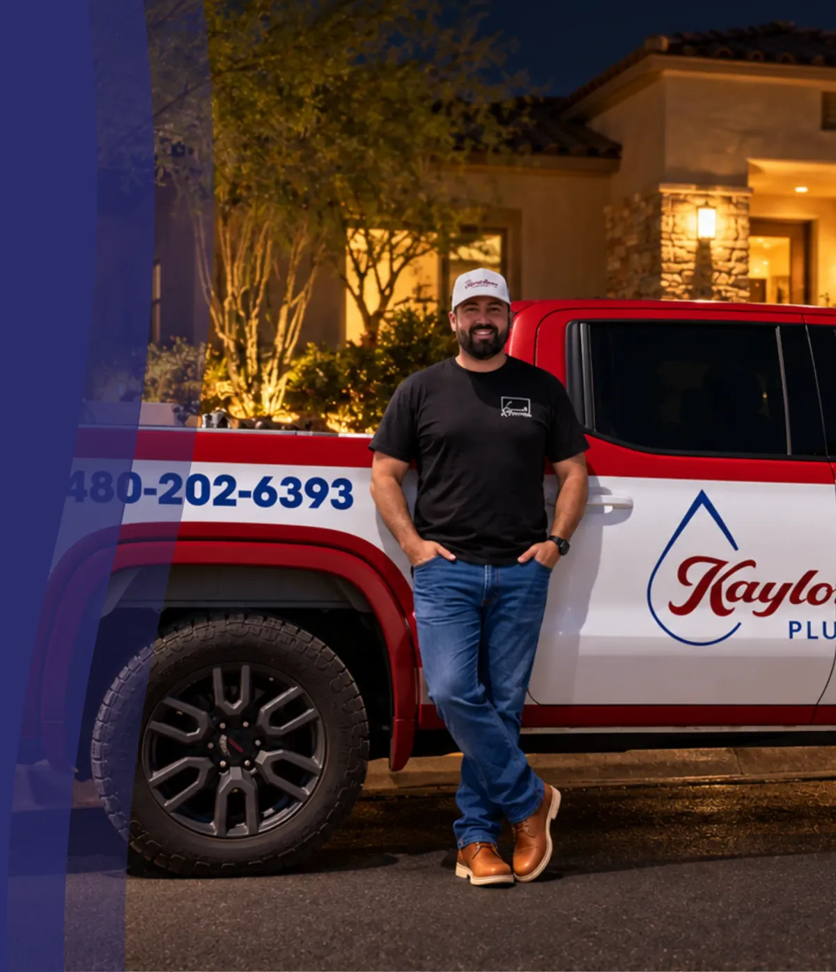 KaylorMade Plumbing owner standing beside the company’s branded service truck at a customer’s home