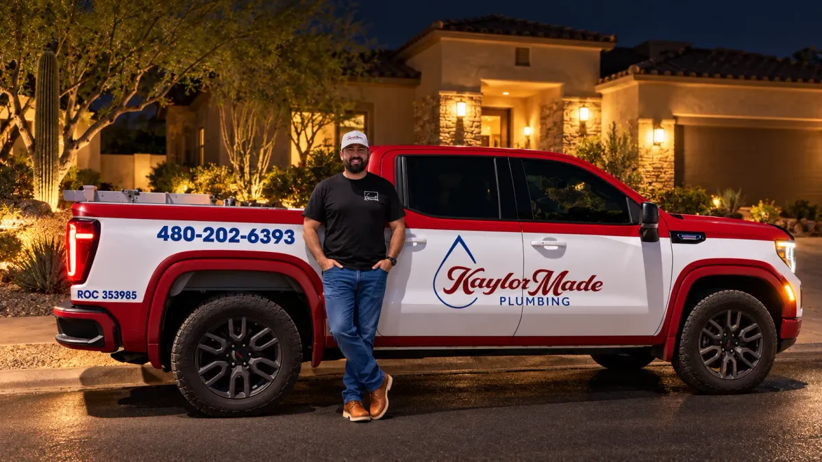 Kaylor, the owner of Kaylormade Plumbing posing for a photo in front of his truck, after an emergency plumbing job.