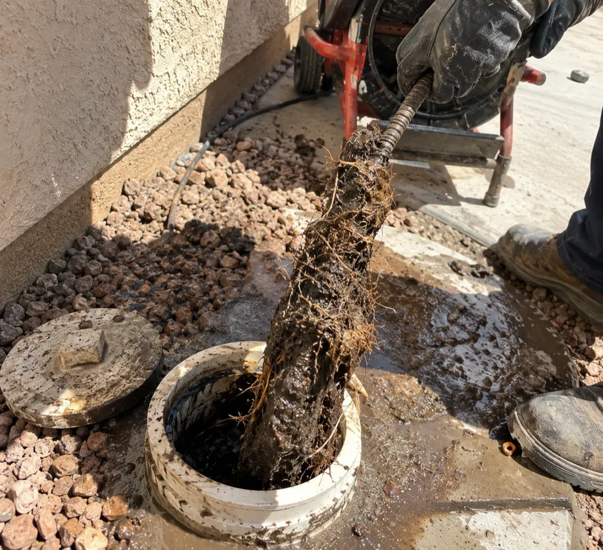 A gloved hand pulls a large mass of mud and tree roots from a PVC drain pipe in a gravel yard.