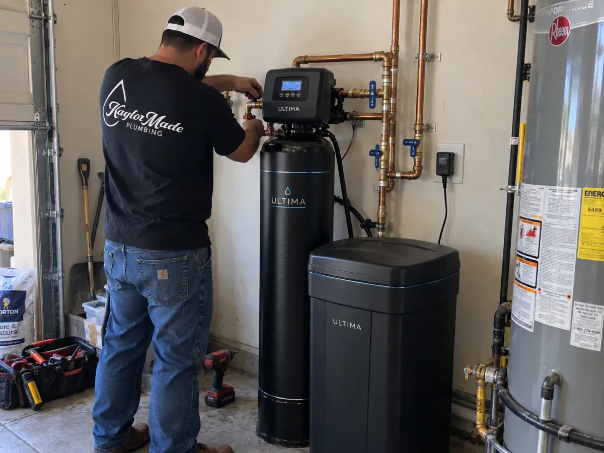 A plumber in a black shirt installs an Ultima water filtration system with copper pipes next to a Rheem water heater in a garage.