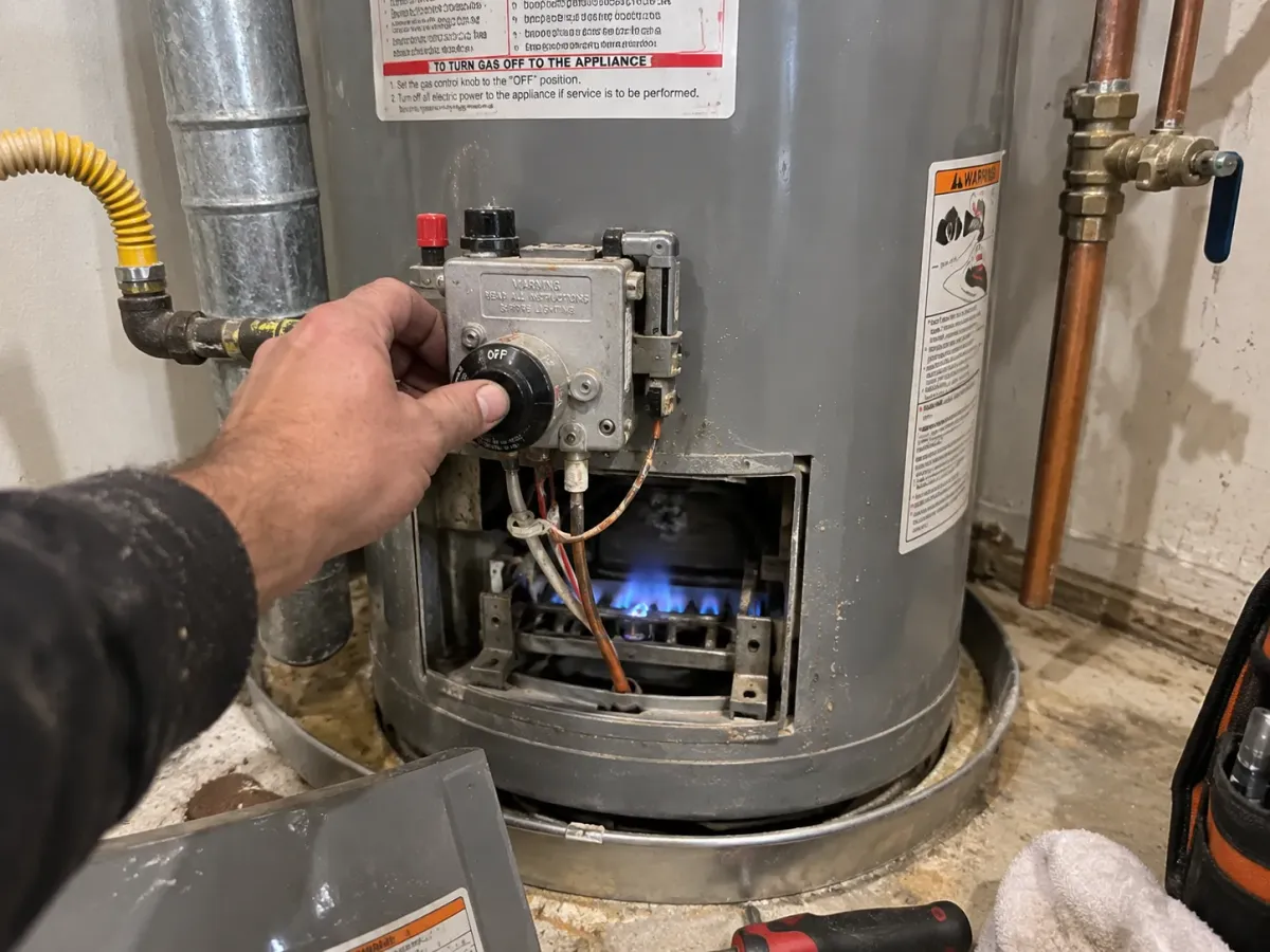 A person's hand adjusts the control knob on a gray gas water heater with a blue burner flame visible.