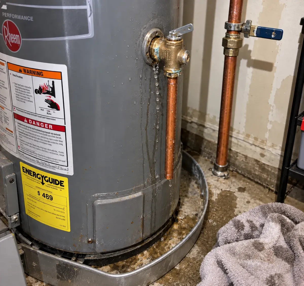 A Rheem water heater with water leaking from its top valve and dripping into a metal pan, next to a wet gray towel.