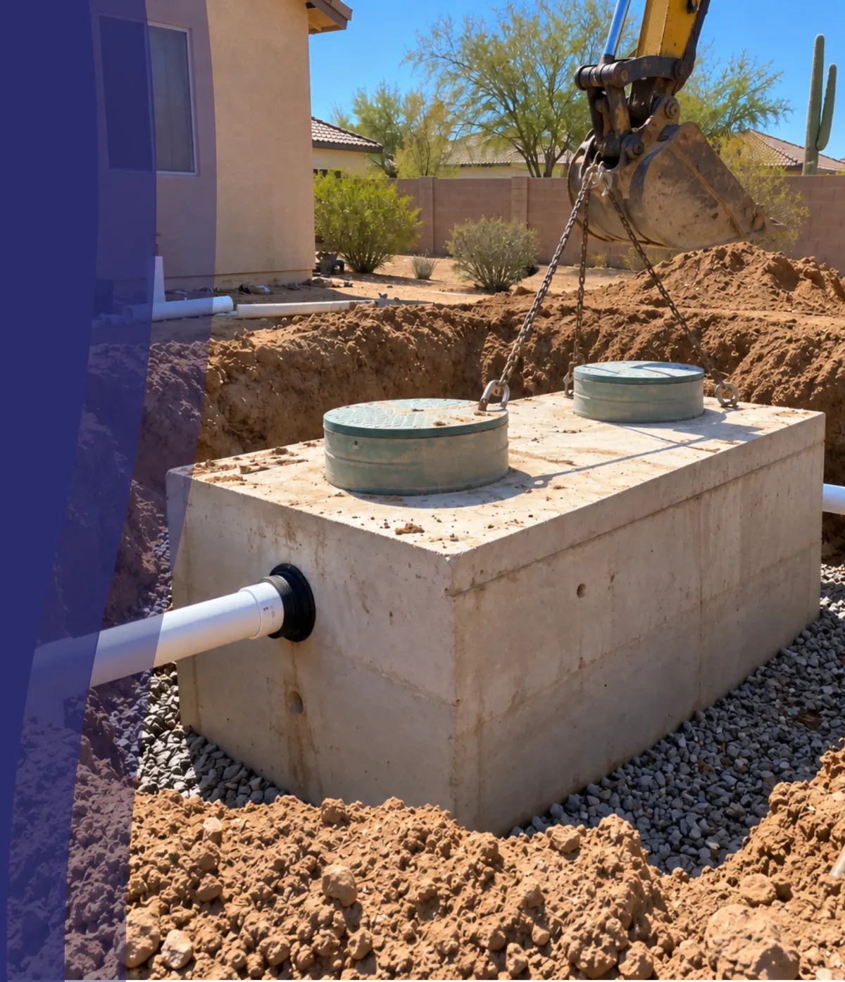 A concrete septic tank with green lids being lowered into a dug trench next to a house with an excavator bucket visible.