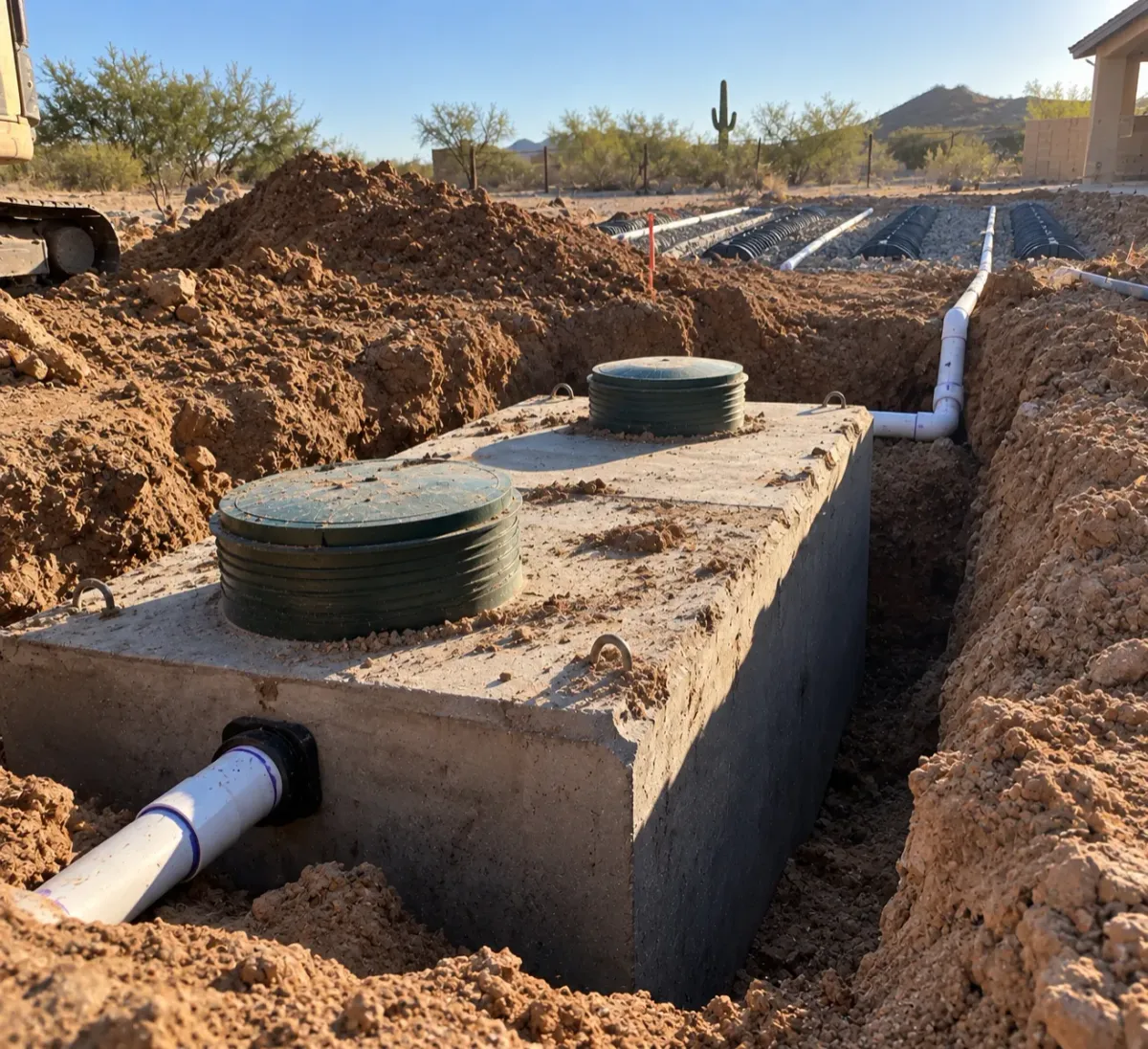 A concrete septic tank with green lids and piping is installed in a trench at a desert construction site, with a leach field in the background.