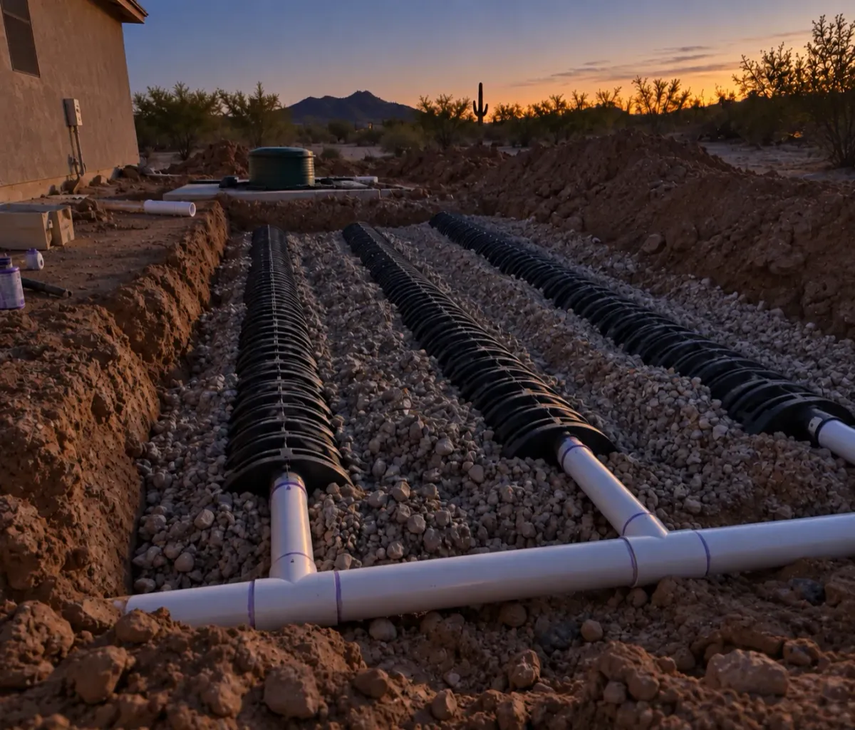 A newly installed septic system drain field with perforated pipes in gravel trenches, set against a desert sunset.