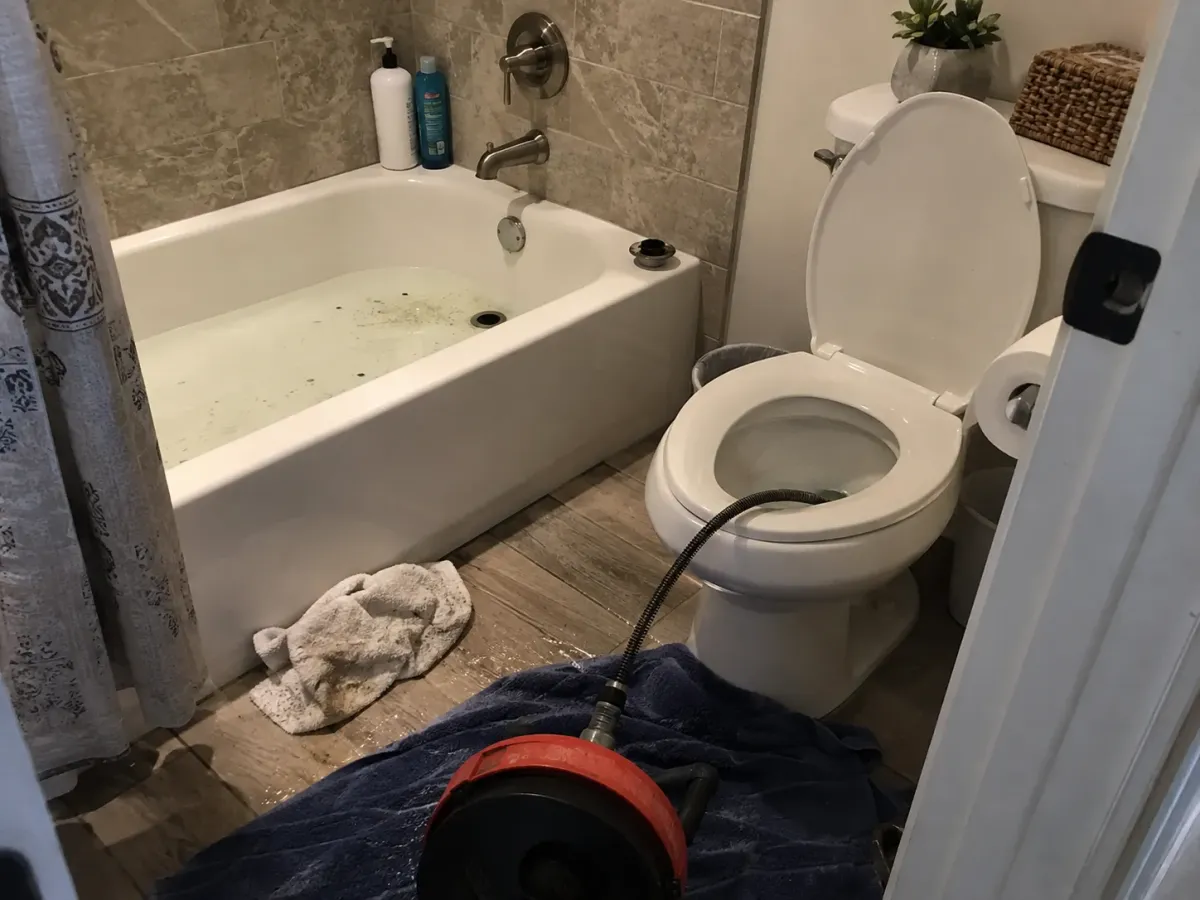 A bathroom scene with a bathtub filled with murky water and a plumbing snake inserted into the toilet, indicating a severe clog.