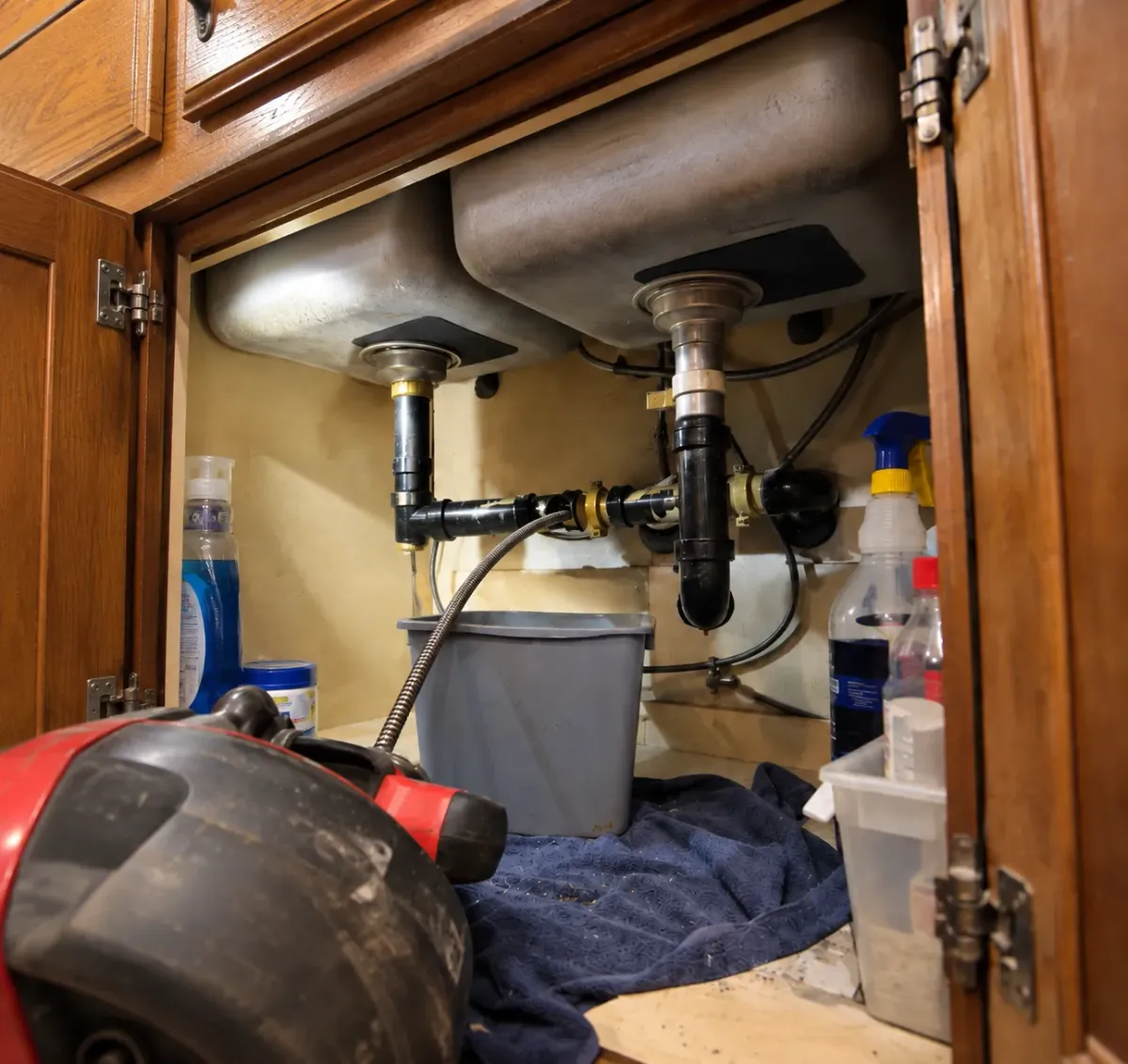 A view inside a kitchen cabinet showing sink plumbing with a drain snake and bucket on a blue cloth.